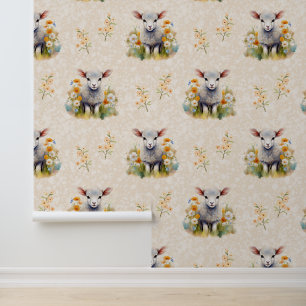 Farm Animals Baby Sheep Floral on Cream Behang