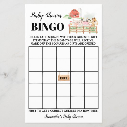 Farm Animals Baby shower Bingo Game Kaart (Voorkant)