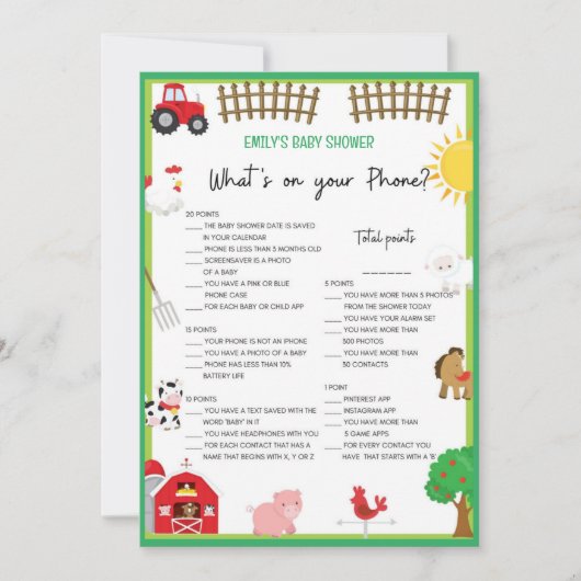 Farm Animals Baby shower Game Size Invitation Kaart (Voorkant)