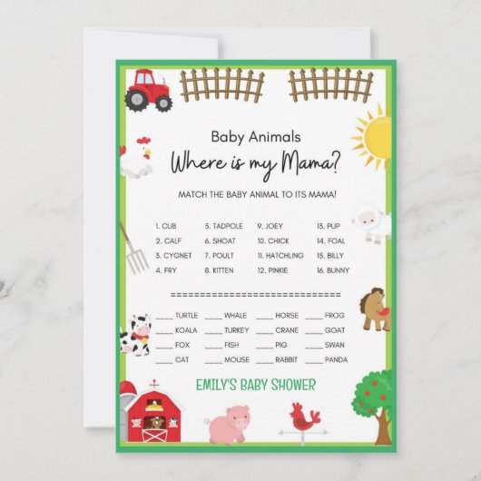 Farm Animals Baby shower Game Size Invitation Kaart (Voorkant)