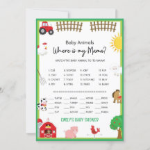 Farm Animals Baby shower Game Size Invitation