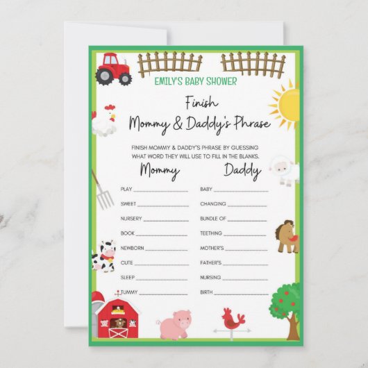 Farm Animals Baby shower Game Size Invitation Kaart (Voorkant)