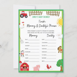 Farm Animals Baby shower Game Size Invitation Kaart