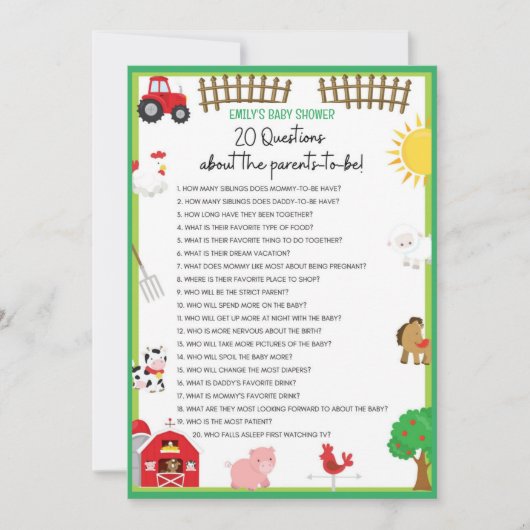 Farm Animals Baby shower Game Size Invitation Kaart (Voorkant)