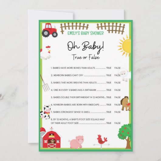Farm Animals Baby shower Game Size Invitation Kaart (Voorkant)