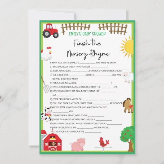 Farm Animals Baby shower Game Size Invitation Kaart (Voorkant)