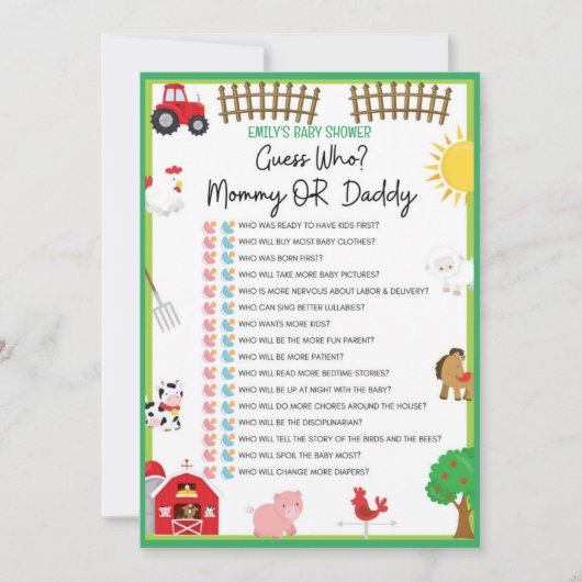 Farm Animals Baby shower Game Size Invitation Kaart (Voorkant)