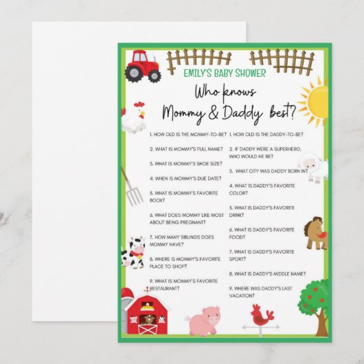 Farm Animals Baby shower Game Size Invitation Kaart (Voorkant / Achterkant)