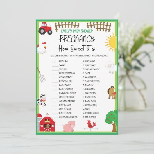 Farm Animals Baby shower Game Size Invitation Kaart (Staand voorkant)
