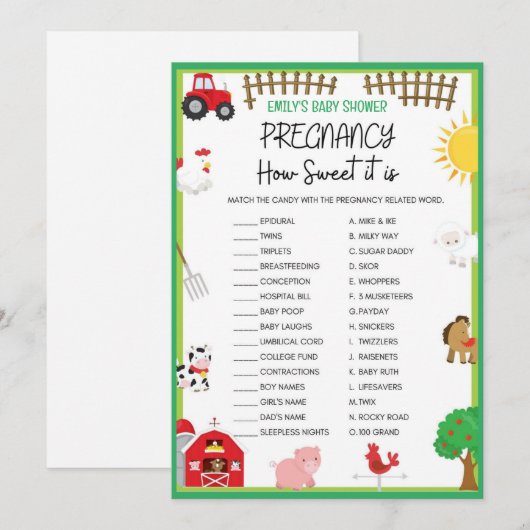 Farm Animals Baby shower Game Size Invitation Kaart (Voorkant / Achterkant)