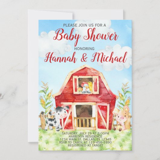Farm Animals Baby shower Invitation Invite, Barn Kaart (Voorkant)