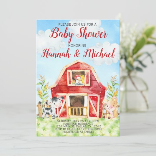 Farm Animals Baby shower Invitation Invite, Barn Kaart (Staand voorkant)