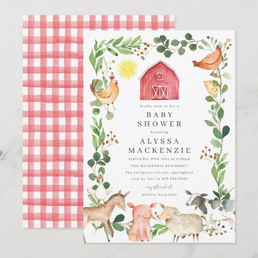 Farm Animals Baby Shower Invitation Kaart (Voorkant / Achterkant)