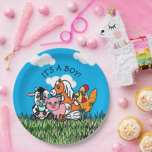 Farm Animals Baby shower is een jongen Papieren Bordje (Feest)