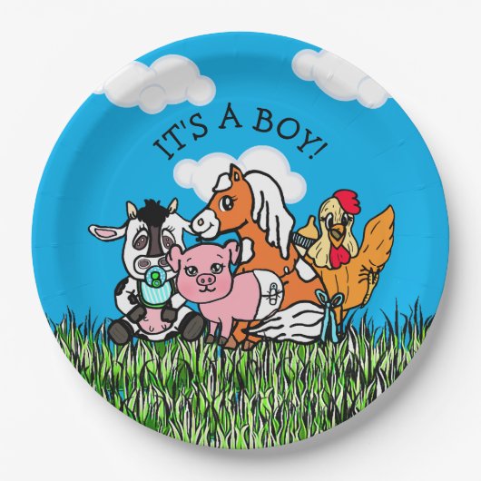 Farm Animals Baby shower is een jongen Papieren Bordje (Voorkant)
