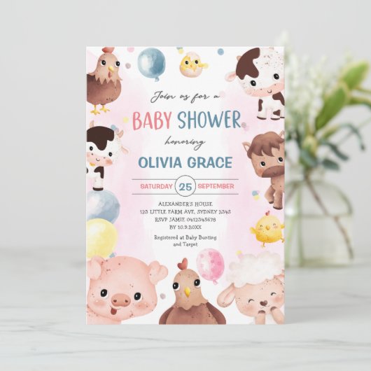 Farm Animals Balloons Barnyard Baby shower Kaart (Staand voorkant)