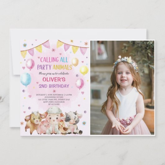 Farm Animals Balloons Barnyard Verjaardagsfoto Kaart (Voorkant)