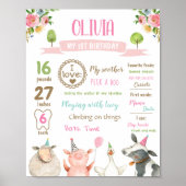 Farm Animals Barn First Birthday Girl Milestone Poster (Voorkant)