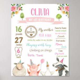 Farm Animals Barn First Birthday Girl Milestone Poster