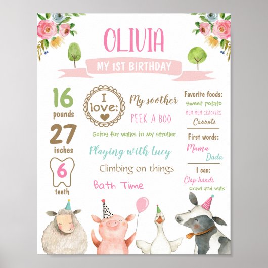 Farm Animals Barn First Birthday Girl Milestone Poster (Voorkant)