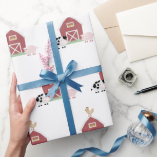 Farm Animals & Barn Pattern White Cadeaupapier