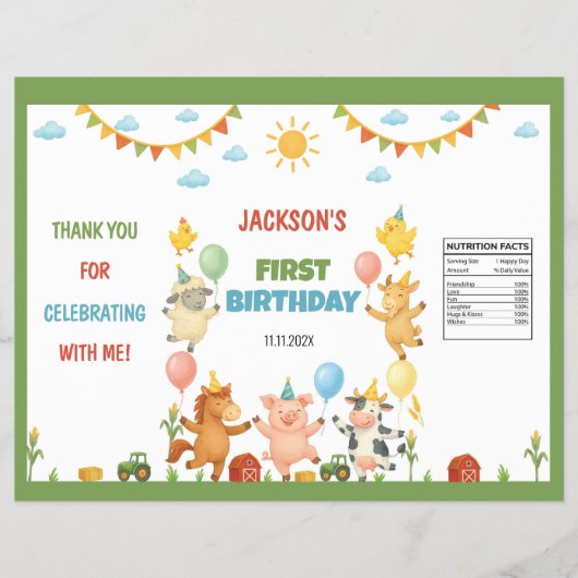 Farm Animals Barnyard Birthday Chip Bag Wrapper Flyer (Voorkant)