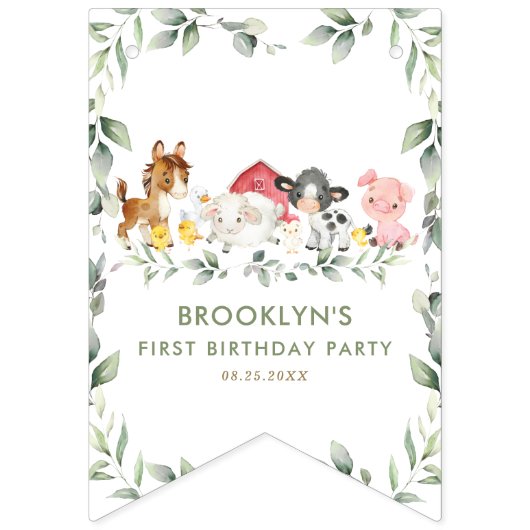 Farm Animals Barnyard Greenery Happy Birthday Vlaggetjes (Eerste vlag)