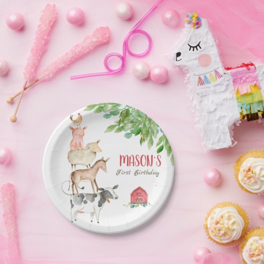 Farm Animals Barnyard Party Greenery Boy Birthday Papieren Bordje (Feest)