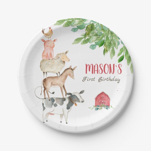 Farm Animals Barnyard Party Greenery Boy Birthday Papieren Bordje (Voorkant)