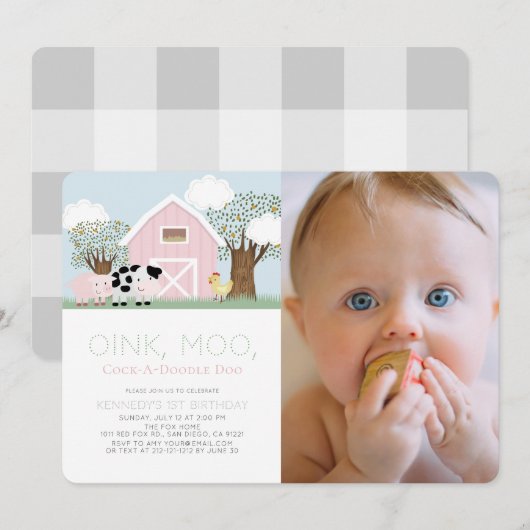 Farm Animals Barnyard Pink Barn 1e verjaardag Foto Kaart (Voorkant / Achterkant)