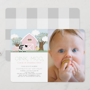 Farm Animals Barnyard Pink Barn 1e verjaardag Foto Kaart