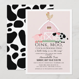 Farm Animals Barnyard Pink Virtual Baby shower Kaart