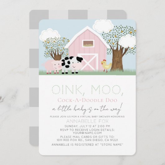Farm Animals Barnyard Pink Virtual Baby shower Kaart (Voorkant / Achterkant)
