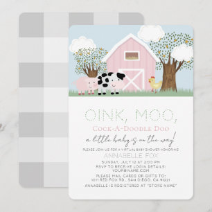 Farm Animals Barnyard Pink Virtual Baby shower Kaart