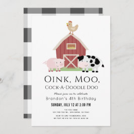Farm Animals Barnyard White Birthday Invitation Kaart