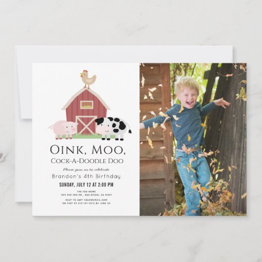 Farm Animals Barnyard White Foto Birthday Invitat Kaart (Voorkant)