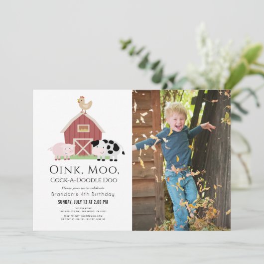 Farm Animals Barnyard White Foto Birthday Invitat Kaart (Staand voorkant)