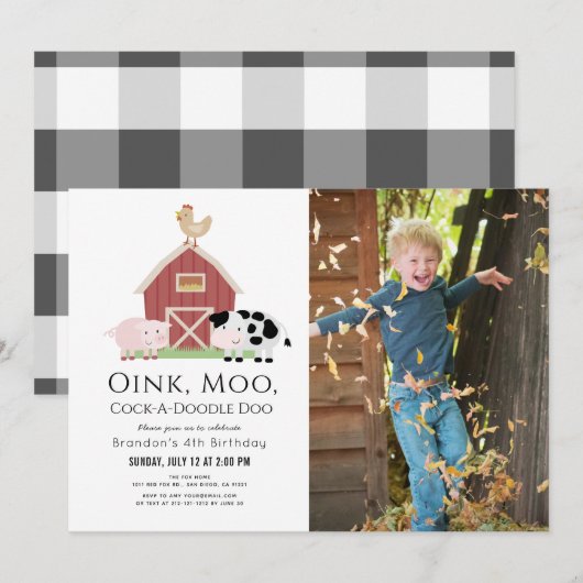 Farm Animals Barnyard White Foto Birthday Invitat Kaart (Voorkant / Achterkant)