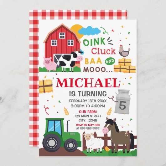 Farm animals Birthday kid Invitation Kaart (Voorkant / Achterkant)