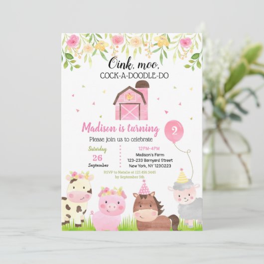 Farm Animals Birthday Party Invitation Girl Kaart (Staand voorkant)