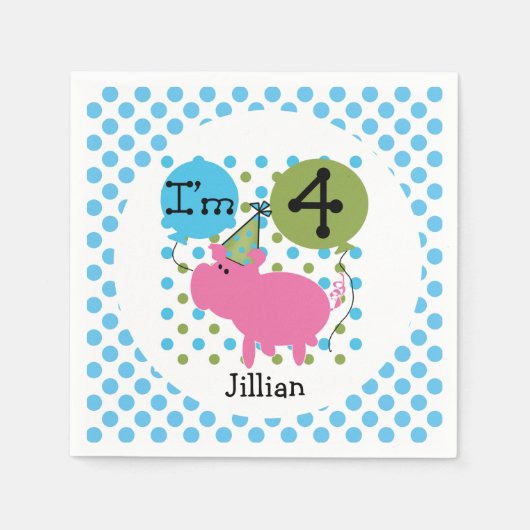 Farm Animals Blue Pig 4th Birthday Paper Napkins Servetten (Voorkant)
