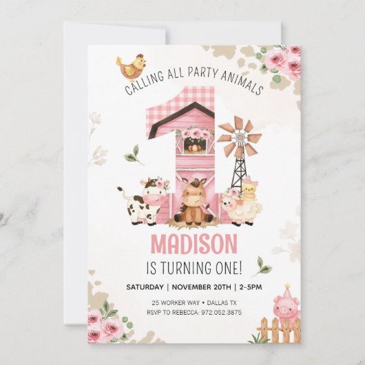 Farm Animals BOERDERIJ EERSTE VERJAARDAG Uitnodigi Kaart (Voorkant)