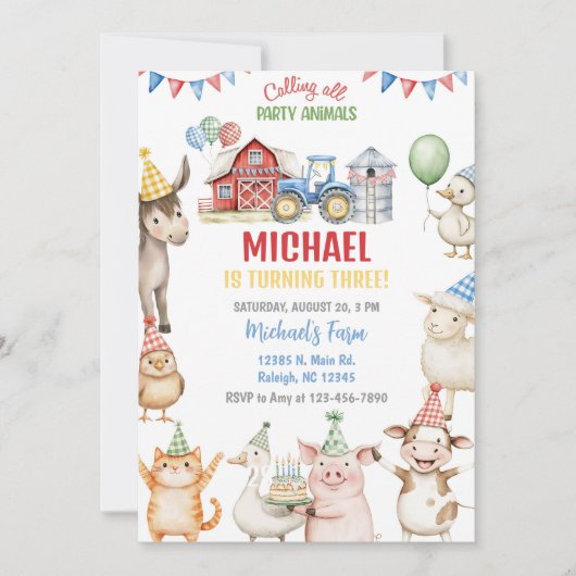 Farm animals boy ANY AGE birthday invitation. Kaart (Voorkant)