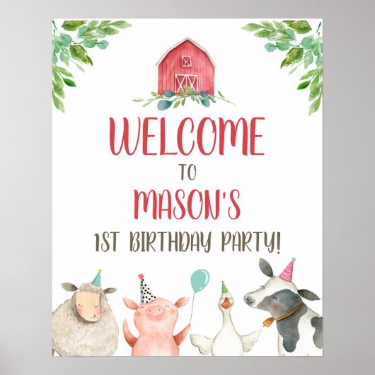 Farm Animals Boy Birthday Party Barn Barnyard Poster (Voorkant)