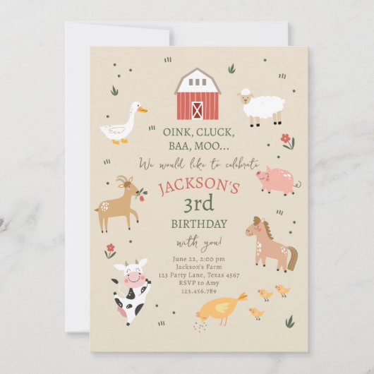 Farm Animals Boy Gingham Barnyard Birthday Invitat Kaart (Voorkant)
