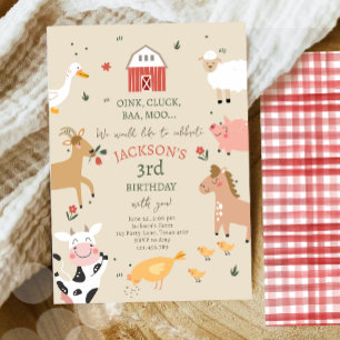 Farm Animals Boy Gingham Barnyard Birthday Kaart