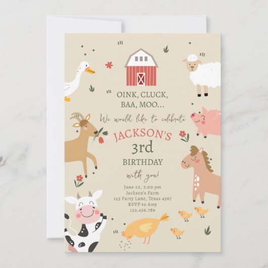 Farm Animals Boy Gingham Barnyard Birthday Kaart (Voorkant)