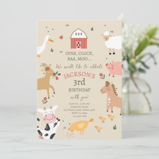 Farm Animals Boy Gingham Barnyard Birthday Kaart (Staand voorkant)