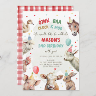 Farm Animals Boy Red Gingham Barnyard Birthday Inv Kaart