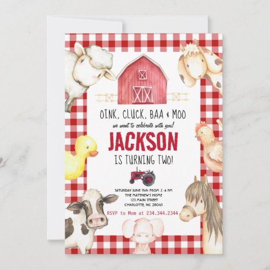 Farm Animals Boy Red Gingham Barnyard Birthday Inv Kaart (Voorkant)